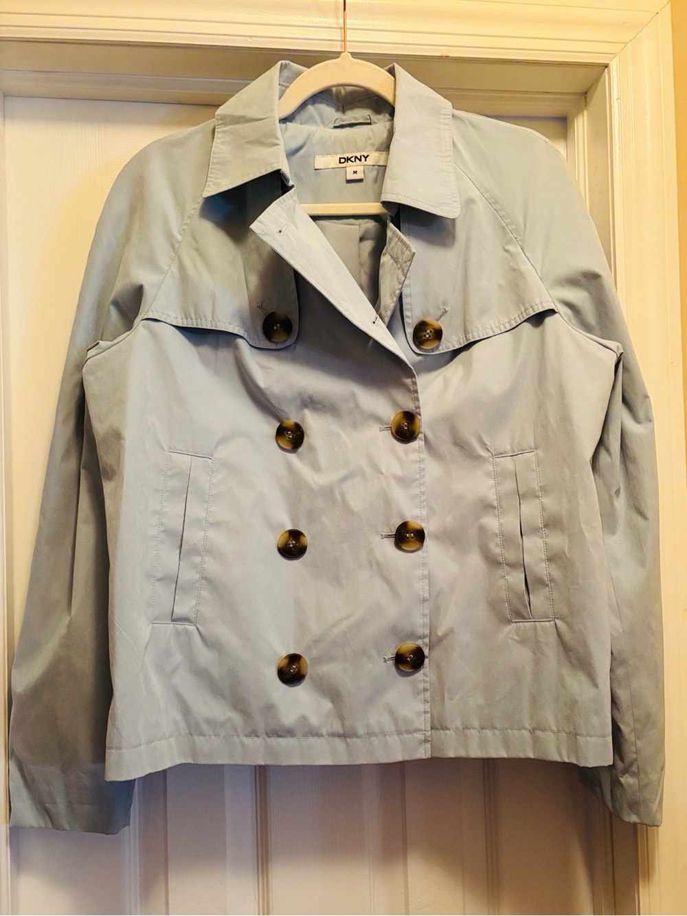 Gently used, DKNY Women's Light Blue Double-Breasted Trench Jacket 🧥